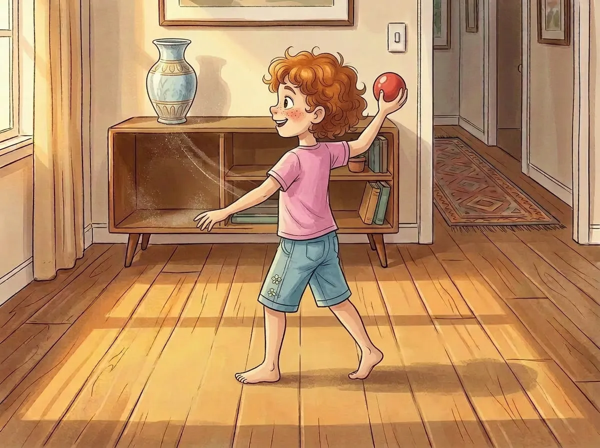 Girl playing with ball near vase